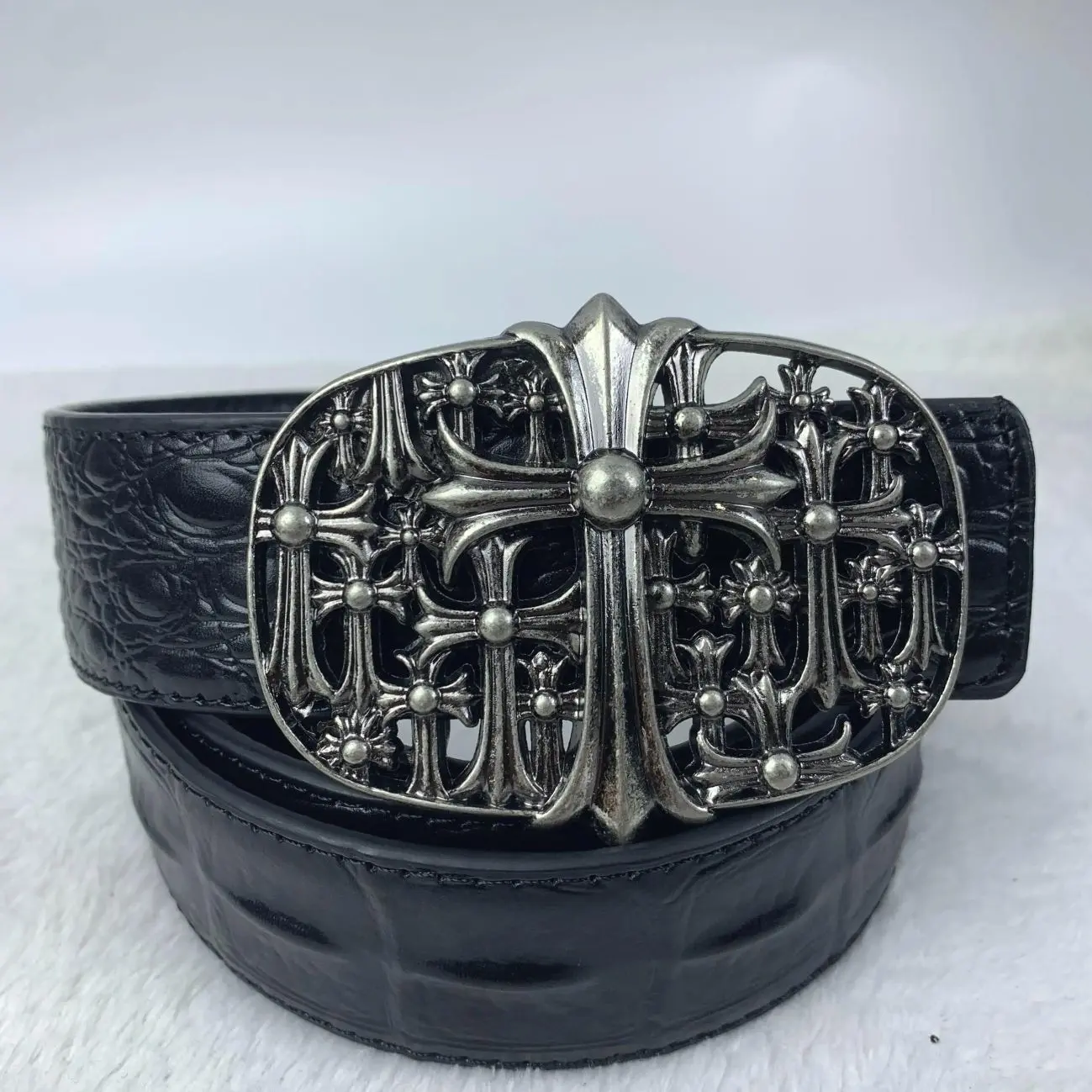 Vintage Black Cross Buckle Belt PU Leather Unisex Gothic Style Waist Belt with Multi Color Accents for Men Women