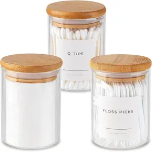 Mini Glass Apothecary Jars with Bamboo Lids, Small Bathroom and Kitchen Storage Containers For Cotton Balls, Pads and Swabs, 10 oz, Set of 3 (Clear)