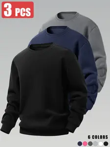3-Pack Men’s Long Sleeve Crew Neck Sweatshirts, Durable & Wrinkle Resistant, Breathable & Comfortable, Loose Fit & Versatile, Autumn/Winter Style
