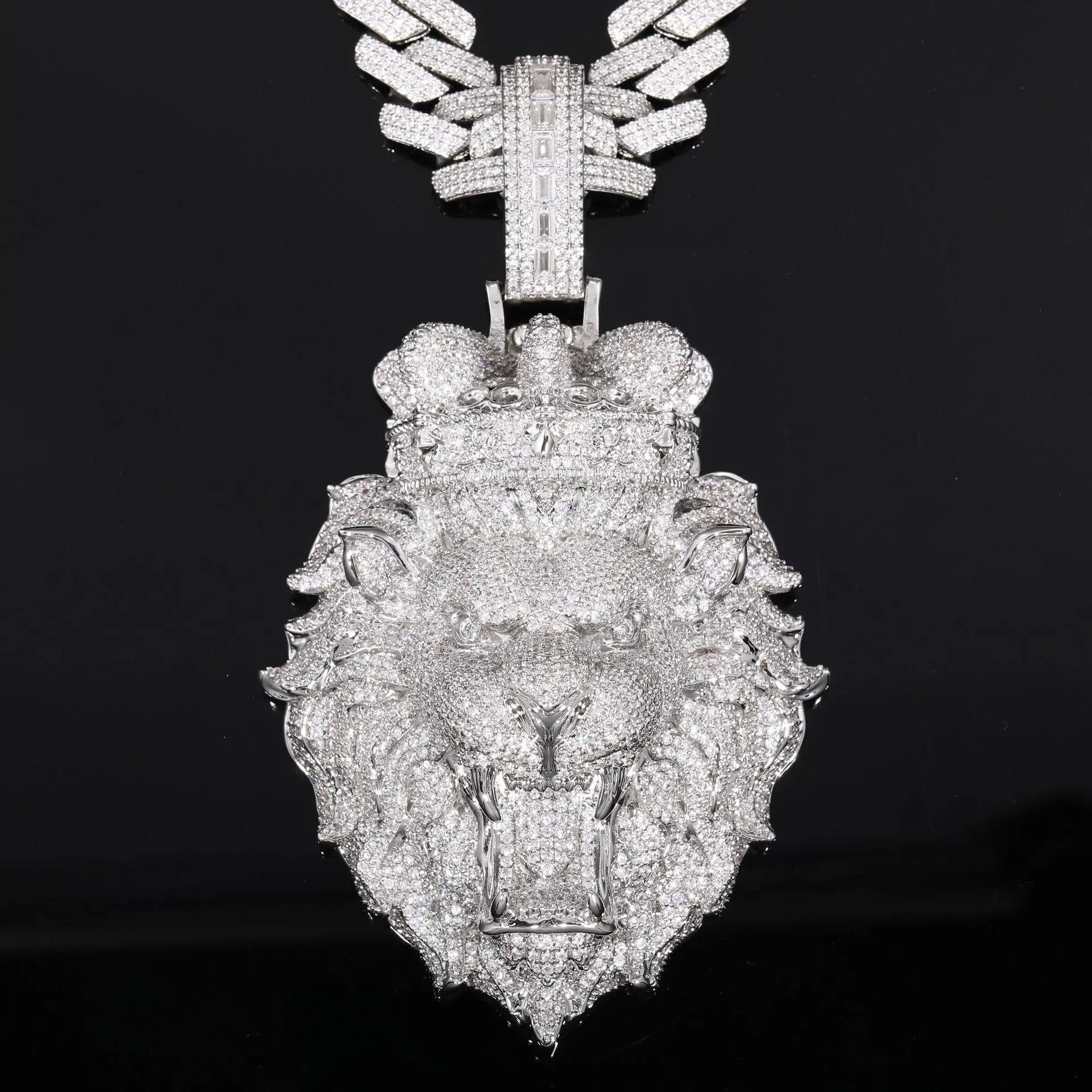 FSTVE Male Edgy Trendy Costume Jewelry Hip-Hop Statement Necklace, 3D Auspicious Animal Lion King Bling Pendant with Full-Pavé Zirconia Stones and Metal Coating