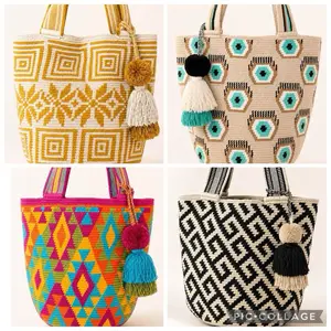 XL Wayuu Mochilón Tote  Artisan Handmade 13 H x 14 L x 4 W Geometric Design Durable Cotton Thread Open Top Boho Tassel