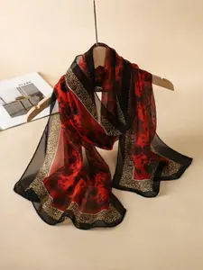 Women's Fashion Summer Sun Protection Scarf Leopard Print Chiffon Shawl, Stylish Hollow Out Design, Perfect for Outdoor Activities, Floral Print Scarf