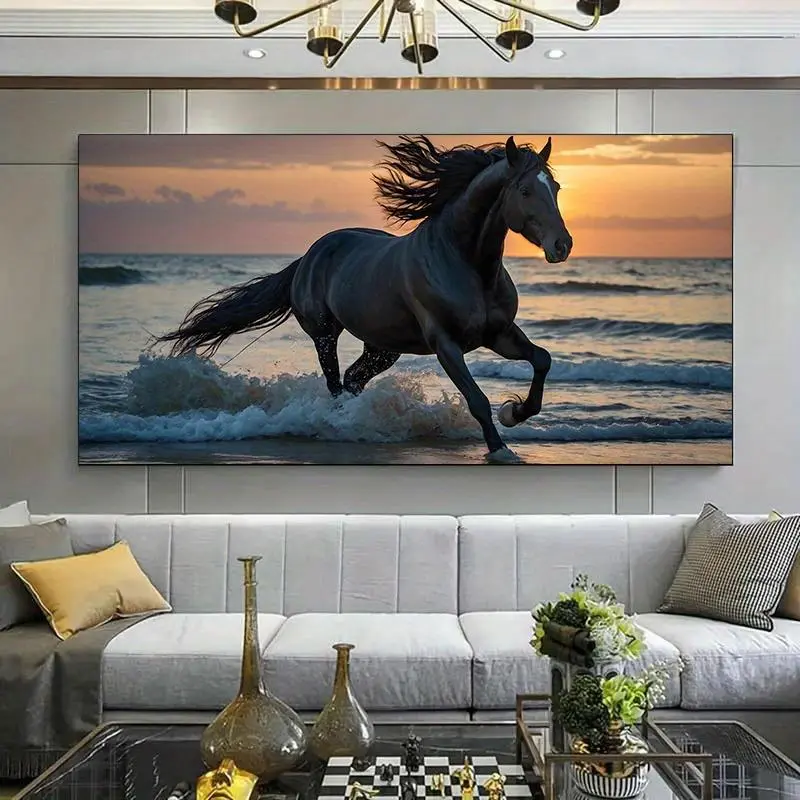 1pc Framed Canvas Painting - Modern Animal Design Art, Running Horse on Beach Coastal Scenery Poster, Home Decor for Living Room, Office Wall Photo Print