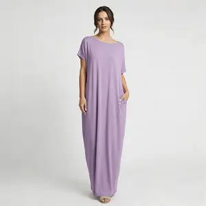 Daily Wear & Nightdress Scene | Ladies' Solid-Color Batwing Sleeve Lounge Dress | Soft-Touch Short-Sleeve Relaxed-Style | Budget-Friendly Comfy