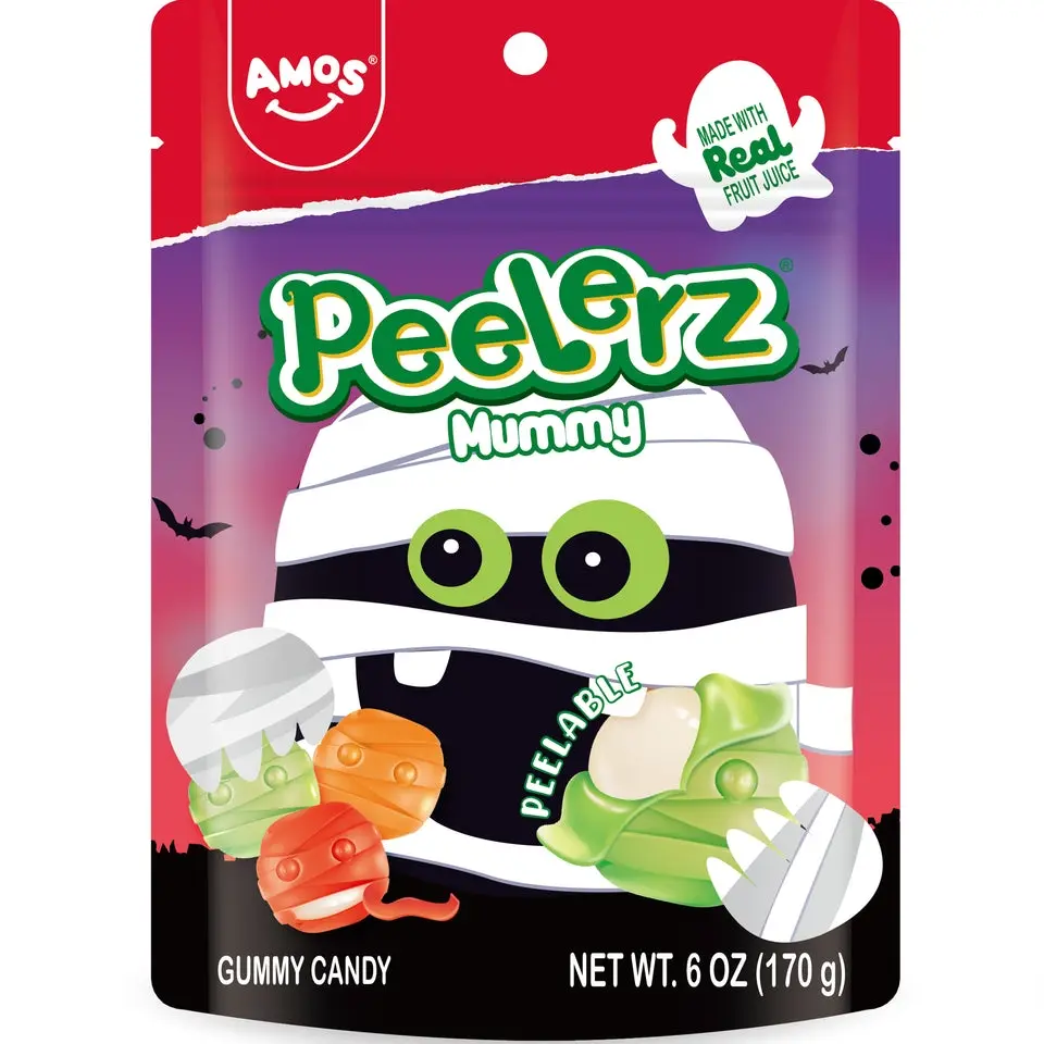 Amos Peelable Gummy Peelerz Mummy & Pumpkin 6oz Halloween Snack Candy Soft Chewy Bonbon Made with Real Fruit Juice