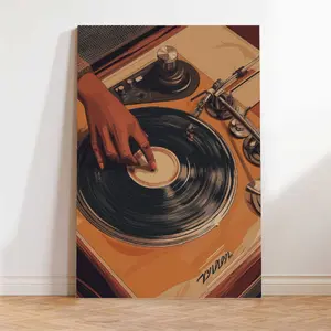 Vintage Music Vinyl Turntable Wall Art – DJ Retro Canvas Print, Minimalist African American Decor for Living Room & Bedroom