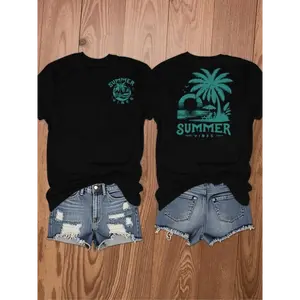Graphic tee Women's Letter & Palm Tree Print Round Neck Tee, Casual Short Sleeve Crew Neck T-Shirt for Daily Wear, Ladies Sportswear for All Seasons, Top Cotton Say You Swear 67 Vintage In Utero Skull Classic Men's Double-Sided funny men Anime Patterned