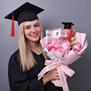 Graduation Bouquet with Teddy Bear & Graduation Cap, Artificial Blue White Rose Flower Bouquet, Cute Graduation Gift for Her, Photo Prop for High School College Graduation, Graduation Decorations & Souvenir Gift