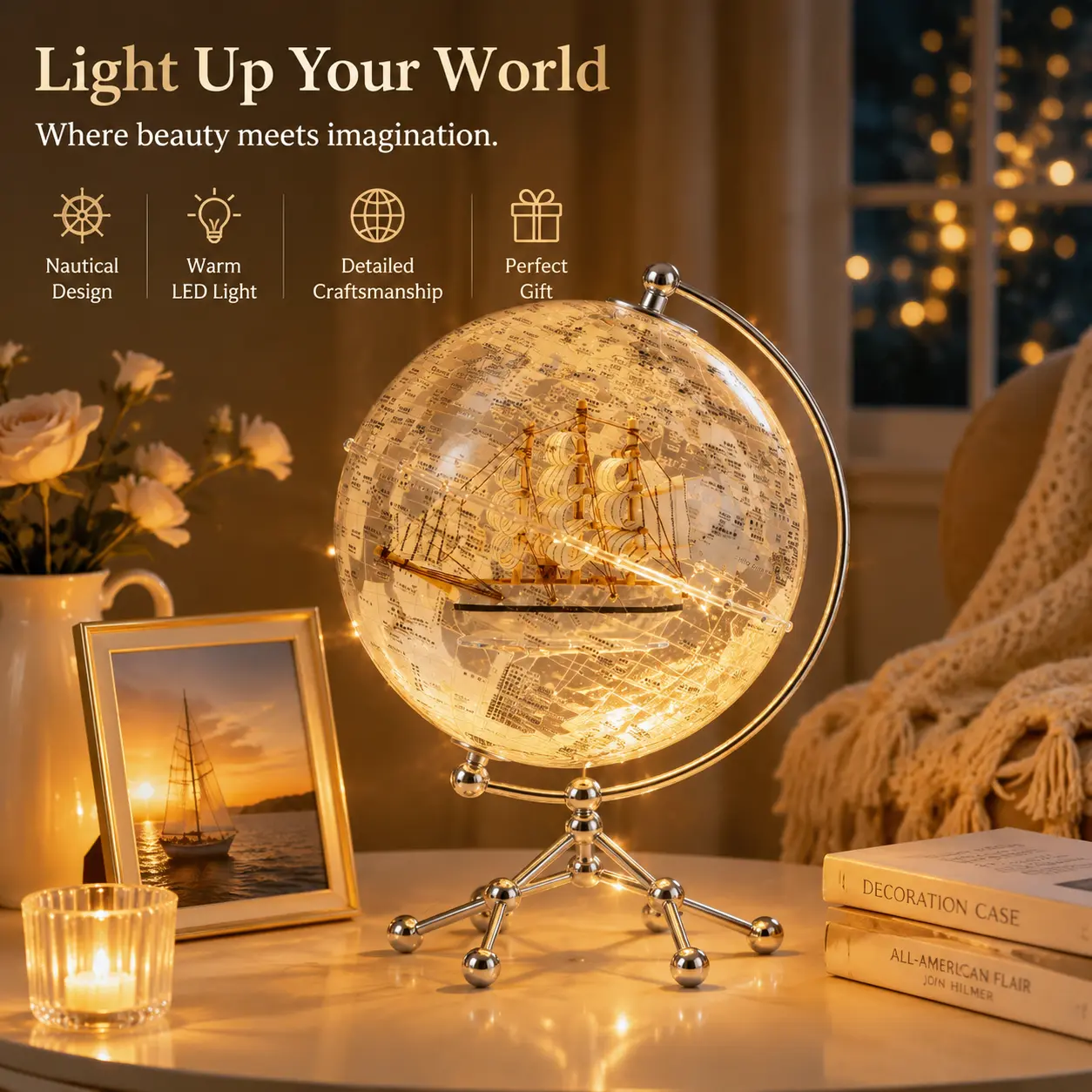 Light Up World Globe with Ship Model, Modern LED Desk Ornament, Elegant Home Office Accent for Living Room Shelf, Thoughtful Present for Collectors gift idea