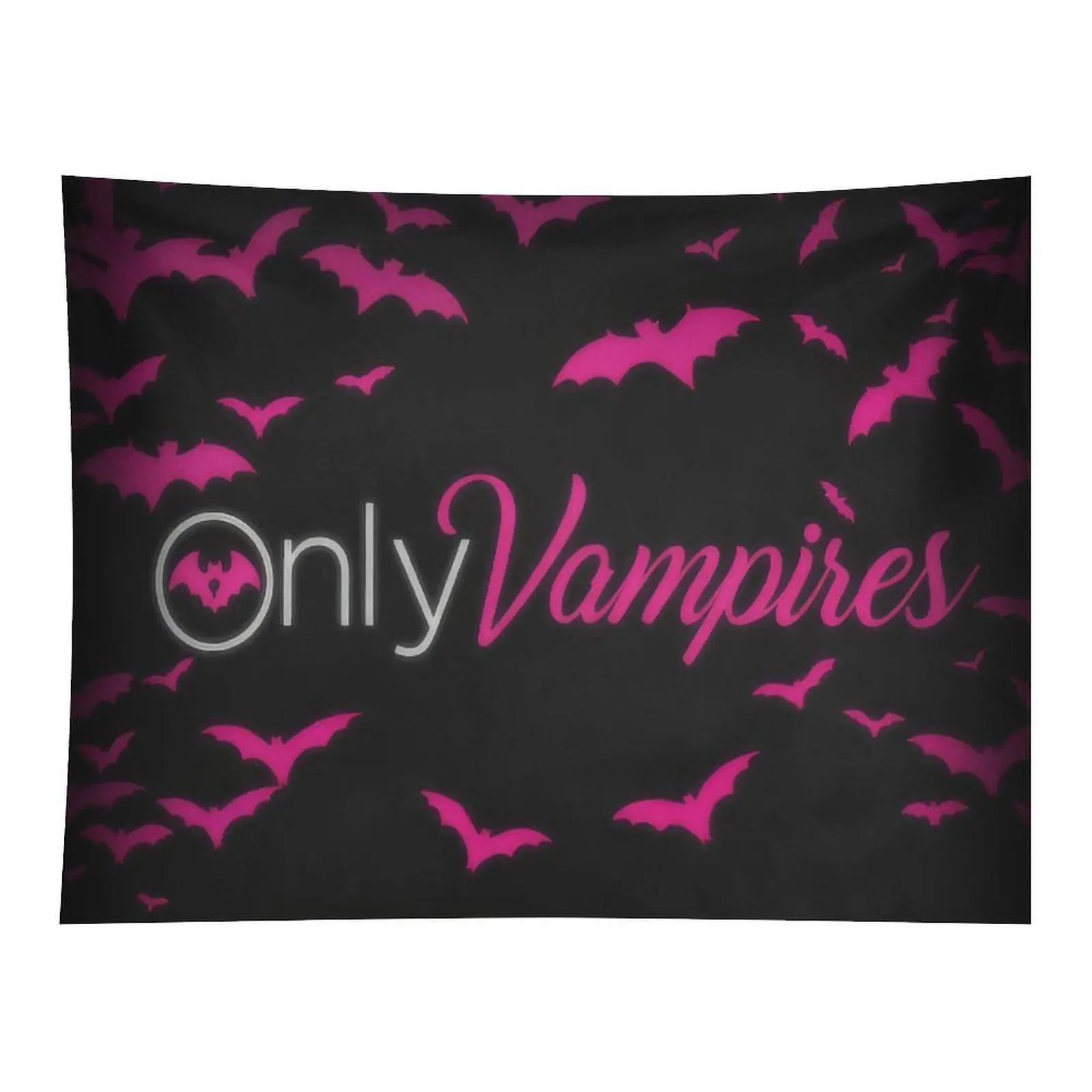 Black Background Pink Vampire Bats Only Vampires Text Tapestry, Gothic Halloween Dark Style Wall Decor For Party And Bedroom