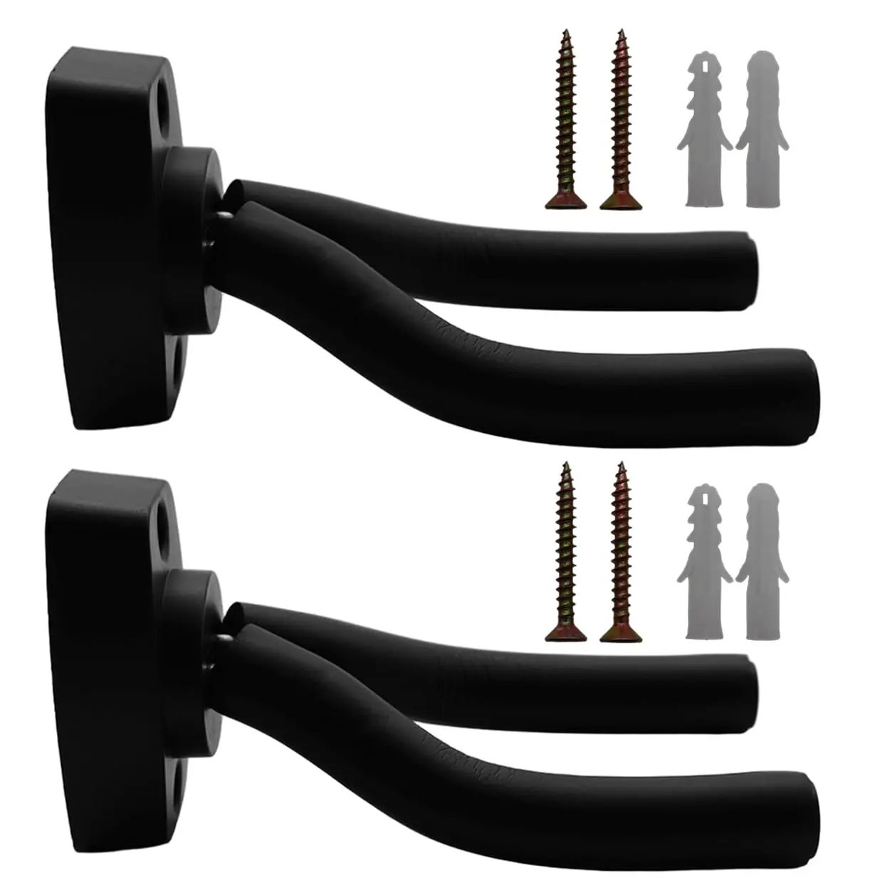 2-Pack Solid Wood Wall Mount Guitar Hangers - Flexible Adjustable Foam-Coated Non-Marking Arms, Easy-Install Hook Holder with 4 Screws & 4 Rubber Pads, Rubber Pad Grip for Lots of Instruments