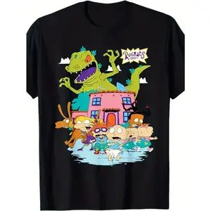Trendy Rugrats Reptar-Inspired T-Shirt - Loose Fit, Heat Transfer Print, No Pockets, Running Away