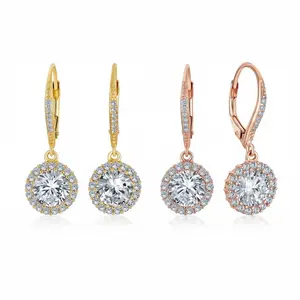 Set of 2 3CT Halo Solitaire CZ Dangle Earrings Rose Gold & Gold Plated Silver