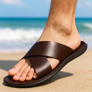 Men's Slides Microfiber Leather Cross-Strap Sandals Breathable Anti-Slip Comfortable Home Travel Flat Shoes Black Simple Elegant Design Durable Material Polyurethane Sole