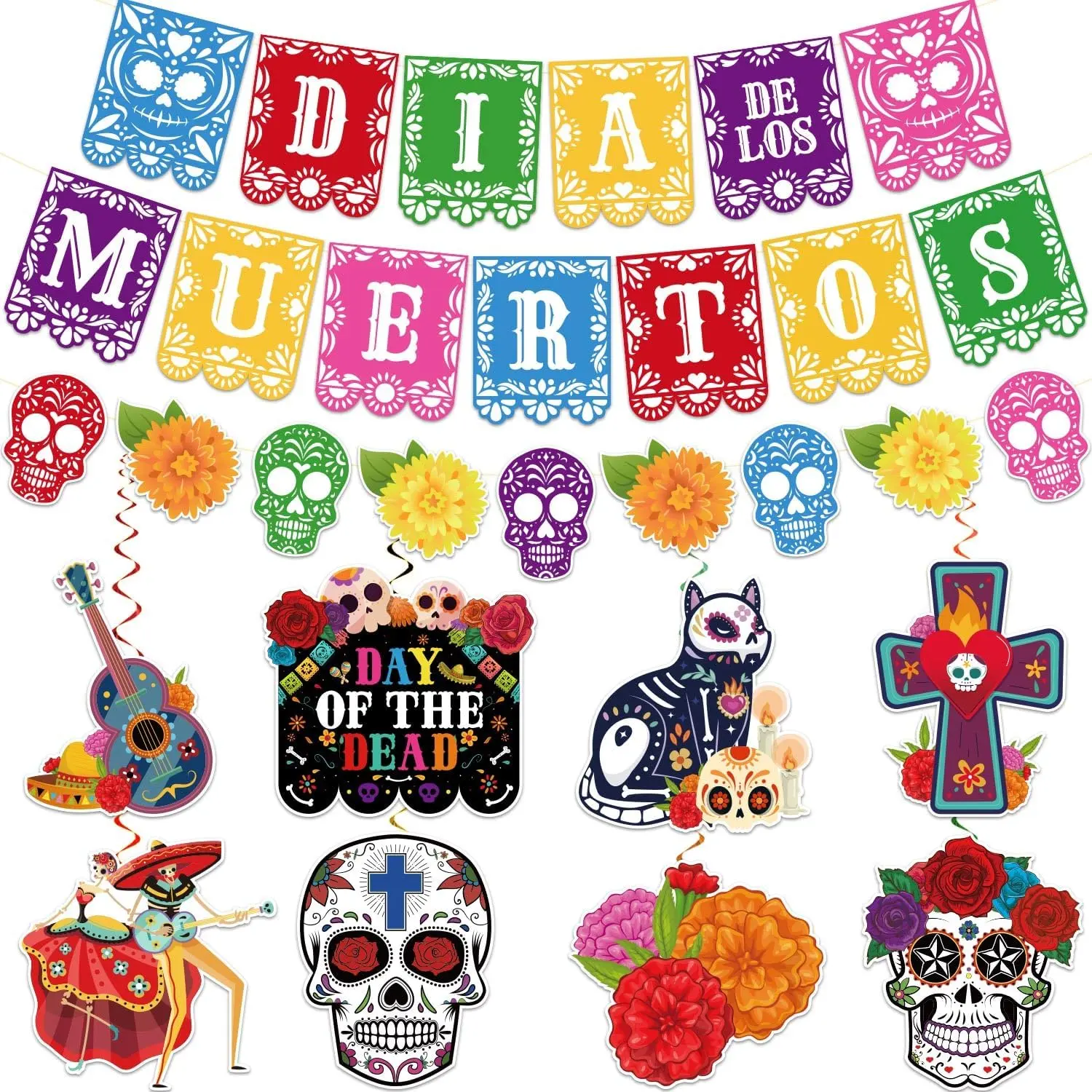 Day of The  Decorations, NO-DIY Ofrenda Decor for Altar Set, Include Dia De Los Muertos Papel Picado Banner, Sugar Skull Marigold Garland, Mexican Party Decorations for