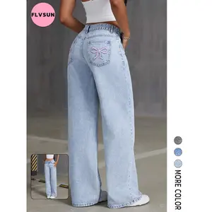 Flvsun-Women's Embroidered Bow Washed Denim Jeans Casual Versatile Denim Pants  Women's Minimalist Mid Waist Denim Wide Leg Jeans, Trendy Multi-Pocket Denim Trousers for Women, Classic Women's Pants, Street Womenswear