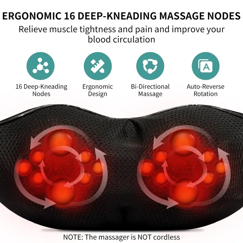 Shiatsu Neck and Back Massager with Soothing Heat, Ergonomic 8 Deep-Kneading Massage Nodes with Heat Electric Shiatsu Back Massager for Neck Shoulder & Body Muscle Relief Portable 12V DC Power Supply - Black 1