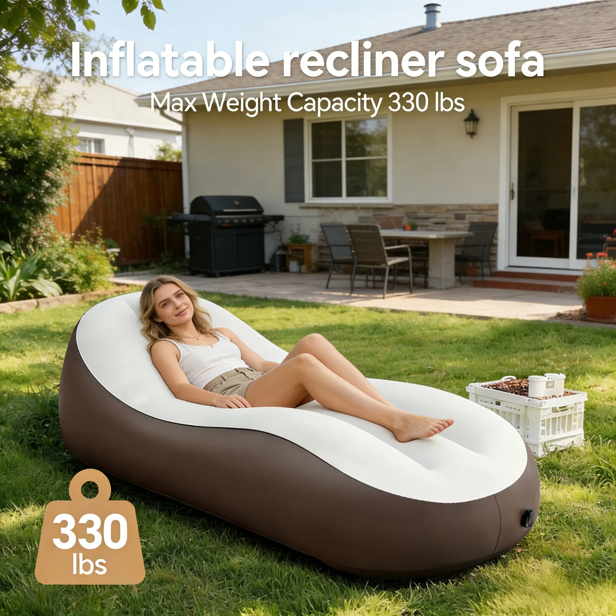Portable Inflatable Couch, Flocked Air Sofa Chair with Ergonomic Backrest, Comfortable Blow Up Lounge Chair for Indoor & Outdoor, Camping, Living Room, Balcony, Patio, Travel