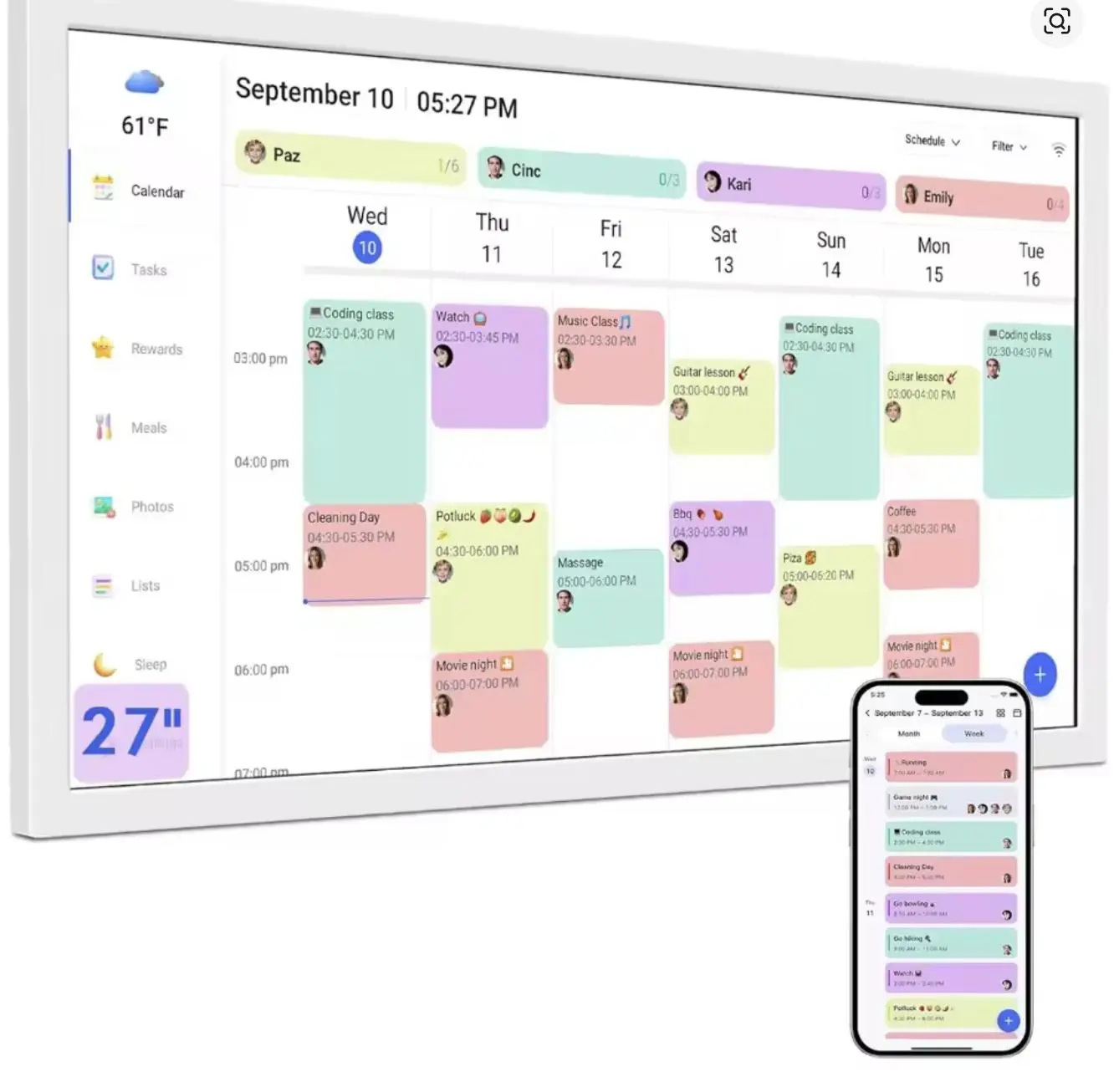 27-Inch Smart Digital Calendar & Chore Chart - 1920*1080 IPS Touchscreen Display, Wall-Mountable, Portrait/Landscape Setup, Classic White Frame Tech Gadget, Home & Office Use, Stay Organized Effortlessly, Ideal as a White Gift for Women