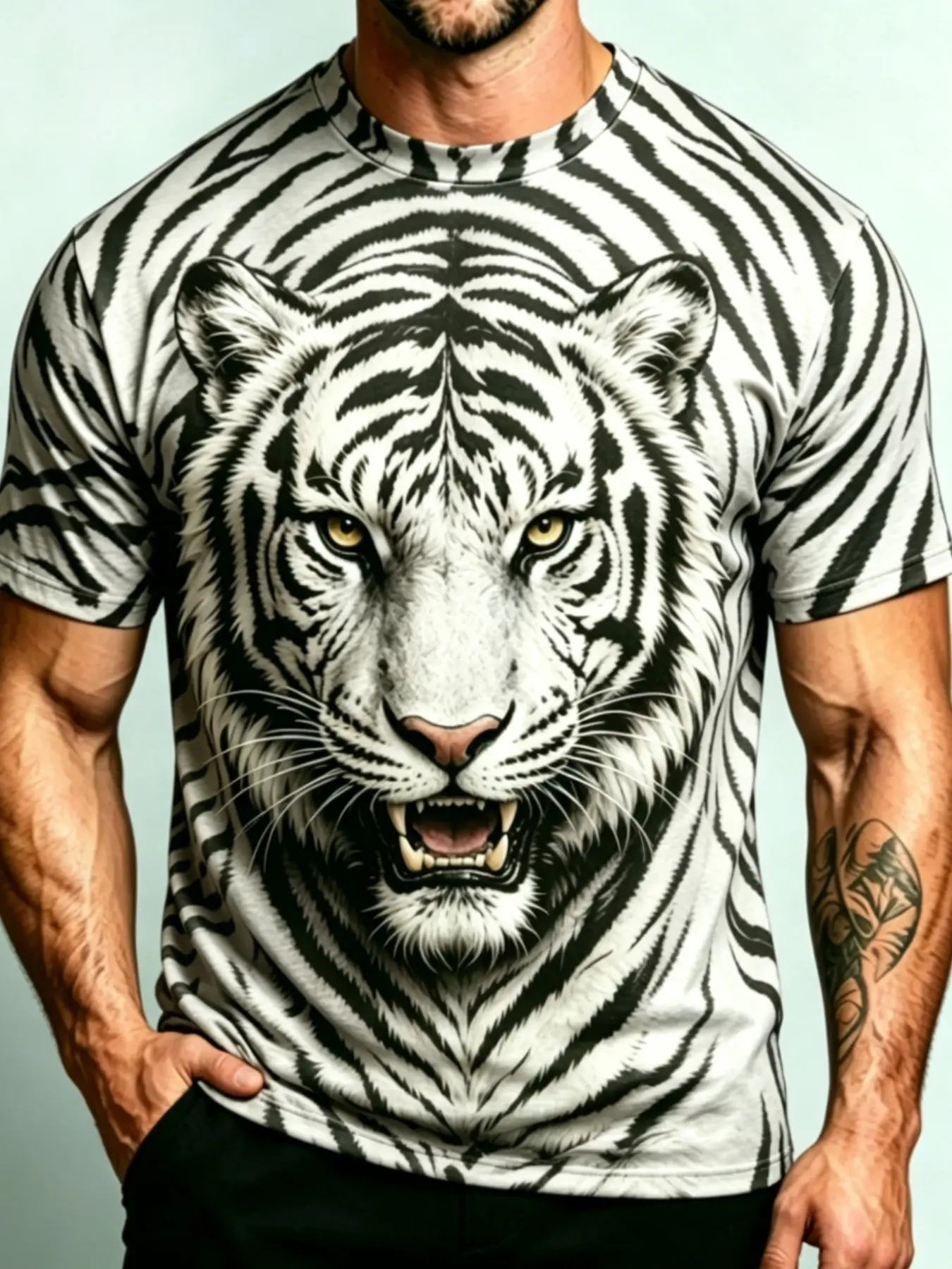 Men's 3D Tiger Print T-Shirt, Round Neck Short Sleeve, Casual Classic Streetwear Fitted Long Tee, Breathable Summer Animal Pattern Top