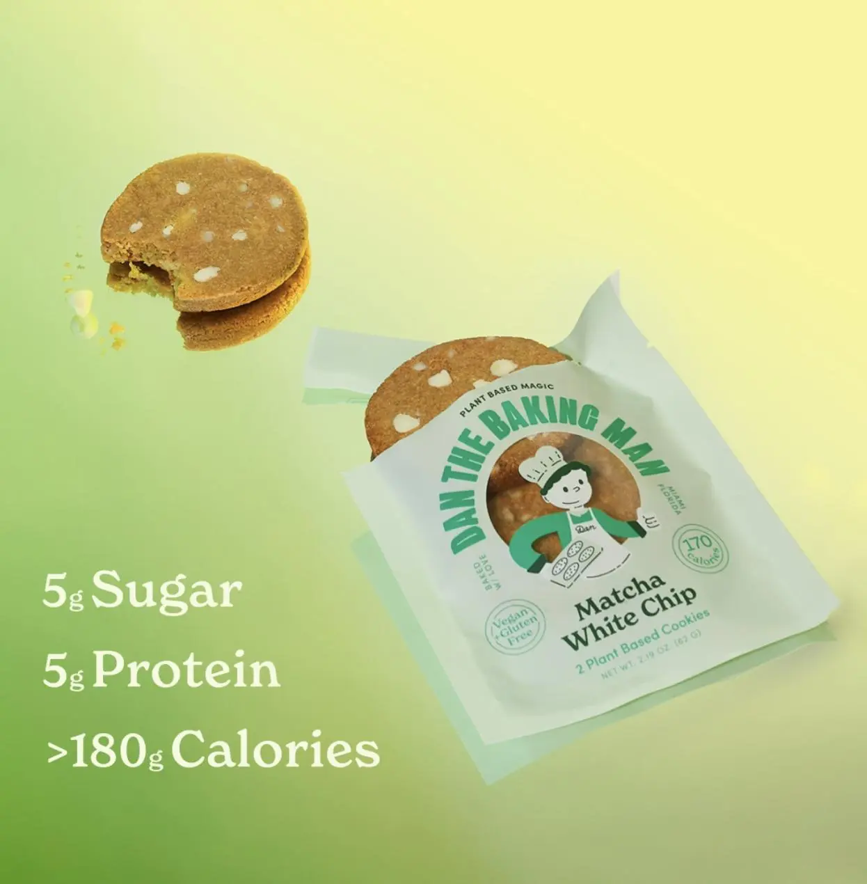 Dan The Baking Man Natural Vanilla Gluten-Free Low Fat Plant-Based Matcha White Chip Snack Cookies, 0.16 oz (4.54 g), Glutenfree