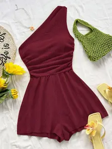 Women's Summer Asymmetrical Neckline Romper, Chic Slim-Fit Ruched Romper, Fashion Womenswear Clubwear Outfit for Summer