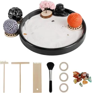 Desktop Zen Garden Kit with Sensory Therapy Balls & Sand Stamp - Round Japanese Meditation Sandbox Desk Decor with White Sand, Bamboo Tools, Cherry Tree & Rocks - Stress Relief Relaxing Gift