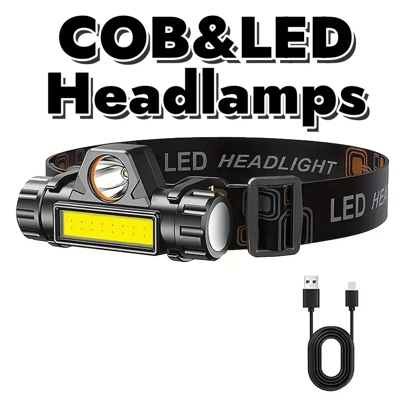 LED Headlamp Flashlight with Dual Light Design, 90-Degree Adjustable Beam, Magnetic Base and Elastic Headband for Adults - For Outdoor Work, Car Repair, Camping, Elastic Band, Hands-Free, Cob + Led