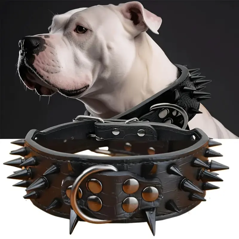 Black Dog Collar Adjustable Leather Pet Collar for Medium & Large Dogs Cool Design with Metal D-Ring Fashionable Accessory Bully dog accessories Large Breed Training Collar