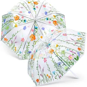 2 Pack Wildflower Blossom Clear Umbrella Plastic Transparent Travel Clear Floral Rain Umbrella Outdoor Fashionable Windproof for Adult Kids Girls Romantic Wedding Decoration Auto Open
