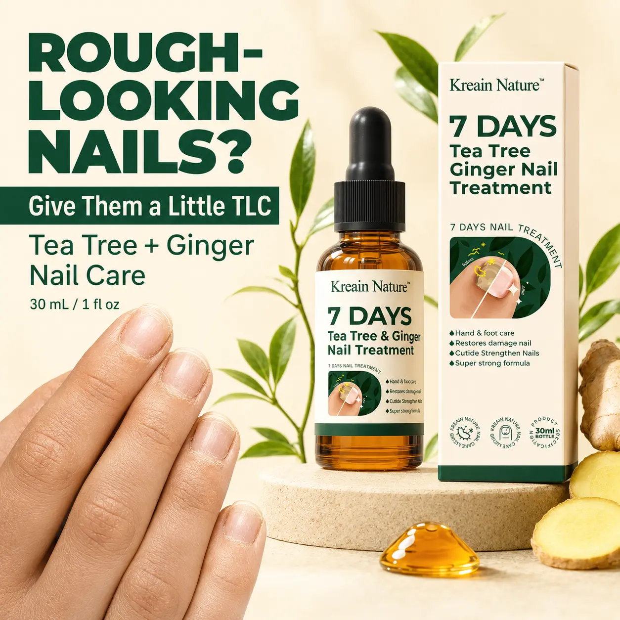 7 Days Tea Tree & Ginger Nail Treatment Oil, Nail Strengthener for Damaged Nails, Cuticle Care Serum for Hand & Toenail, Restores Weak Cracked Discolored Nails, Natural Nail Repair Care Liquid