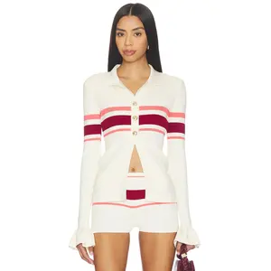self-portrait Cream Stripe Viscose Knit Button Top in Cream
