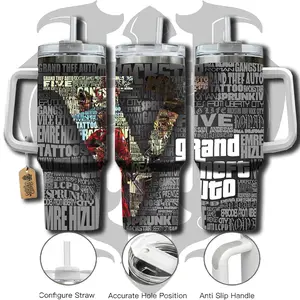 HardTimesMerch - Grand Theft Auto V #2 40oz Handle Tumbler Stainless Steel Travel Mug, Game Inspired Vacuum Insulated Cup, Large Iced Coffee Tumbler, Manga Fighter Drinkware, Gamer Gift for Him Her