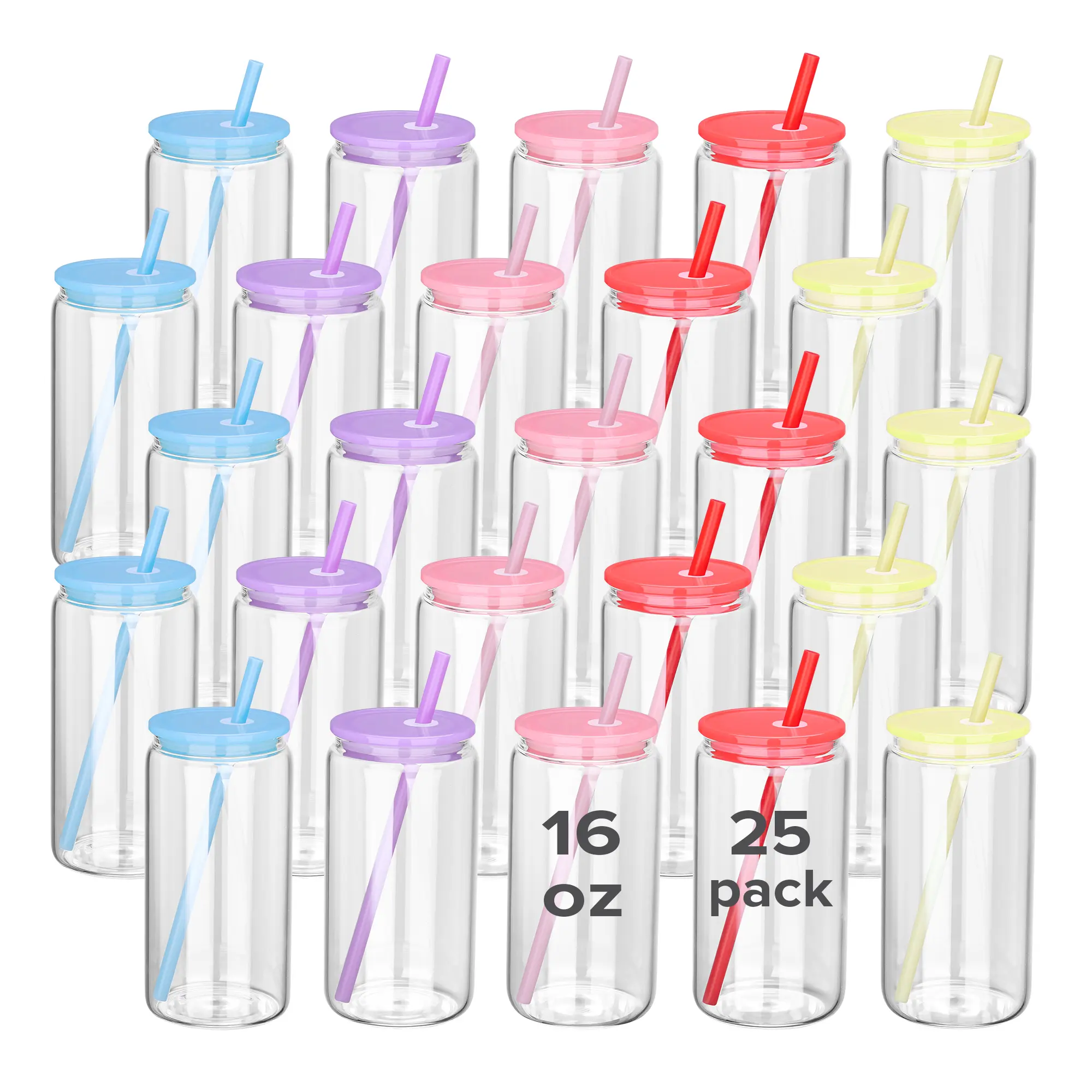 FASTSUB 25 Pack Sublimation Glass Tumblers 16 OZ Clear Tumbler Cans with Plastic Straw and Colorful Plastic Lid Sublimation Blanks Glass Tumbler Wholesale Supplier Sublimation Glass Can Vinyl  Glass Cup Bulk Bottle Containers