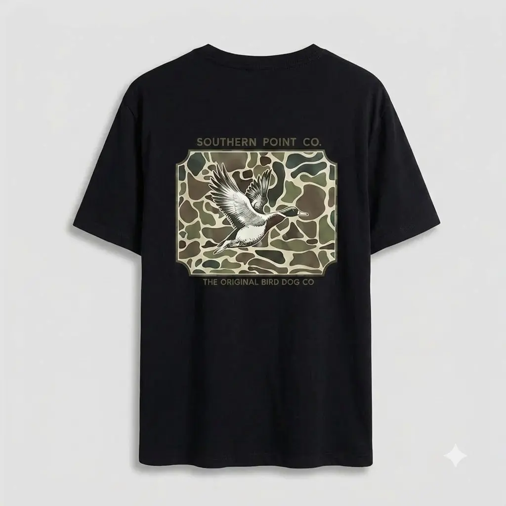 Southern Point Co. Men's Black Duck Camo Graphic T-Shirt - Vintage Outdoor Casual Menswear Top, Men's Tshirt Clothes