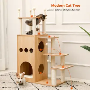 PAWZ Road Modern Cat Tree for Large Cat, Wood Cat Tower Heavy Duty with Scratch Post for Indoor Big Cats, 51-Inch Extra Tall Cat Condo Sturdy Frisco Castle with Clear Bowl for Kittens Maine Coon 35Lbs