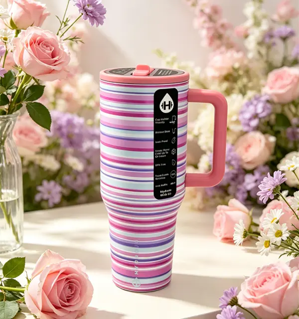 HydroJug 40oz Pink Purple Striped Insulated Stainless Steel Tumbler with Handle Straw, Leakproof Cold Retention Travel Water Cup BPA Free