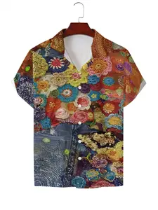 Men's Hawaiian Shirt - Flat Digital Print Pattern - No Texture - Colorful Crocheted Floral Denim Patchwork, Fashionable and Simple Short Sleeves, Buttoned, Casual Collar Shirt, Stylish and Versatile, Suitable for Dates, Beach Vacations, a Perfect Gift for