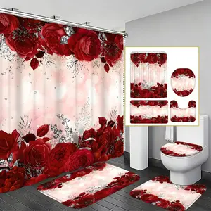 Luxurious Romantic Bath Curtain Set, Waterproof Rose Print, Non-Slip Absorbent Mat, Toilet Lid Cover, Bathroom Decor, 4 Piece Set