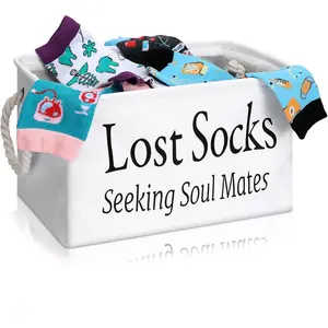Dingion Lost Socks Basket for Laundry Room Lost Socks Sign Bin Farmhouse Laundry Room Decor and Accessories Polyester Fabric White, 13.78 x 9.45 x 7.87 Inch