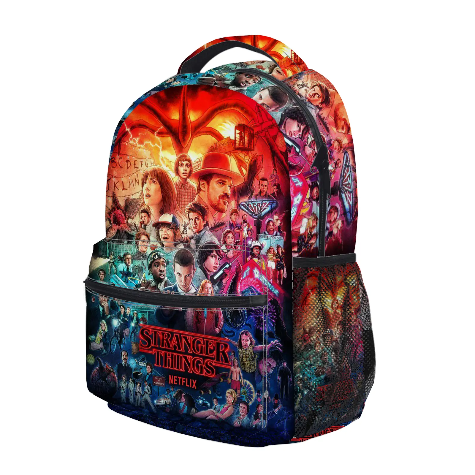 Stranger Things Backpack, Cute Y2K Fashion School Bag for Girls and Teens, Durable Cartoon Printed Bookbag with Mesh Side Pockets, Lightweight Travel Daypack for Back to School c-226