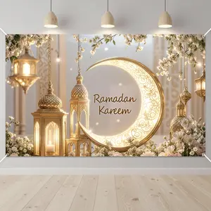 Elegant Ramadan Mural Banner, Golden Crescent Moon & Lantern Design, Durable Wall Decor for Room & Party, Festive Home Decoration, Party Decoration Supplies