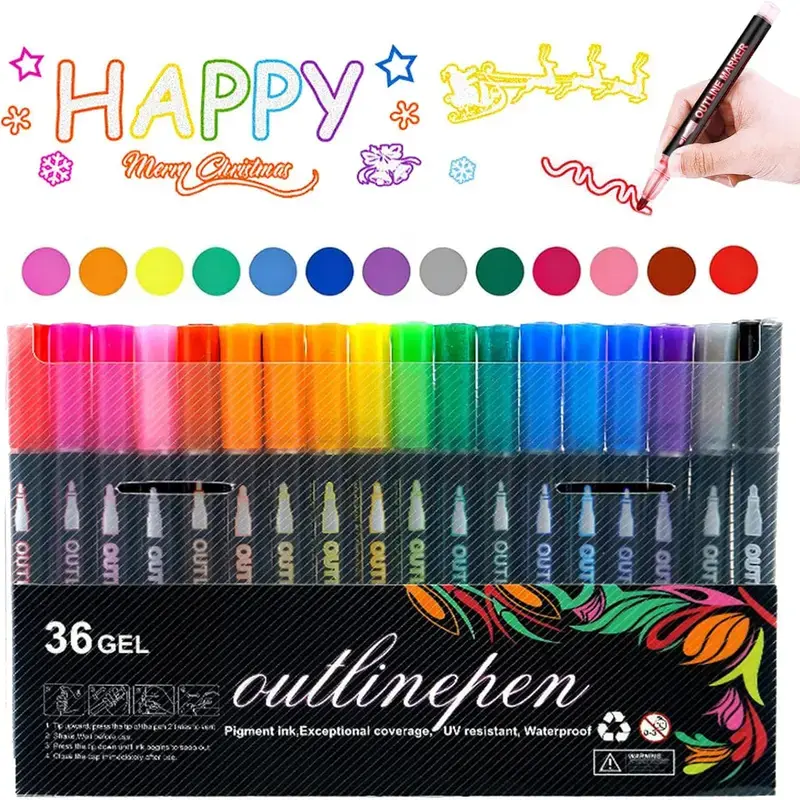 Dual-Line Metallic Glitter Pens, Dreamy Sparkle Contour Markers, Self-Outline Double Line Pens for Highlighting, Scrapbook Crafts, Doodling, DIY Art Projects
