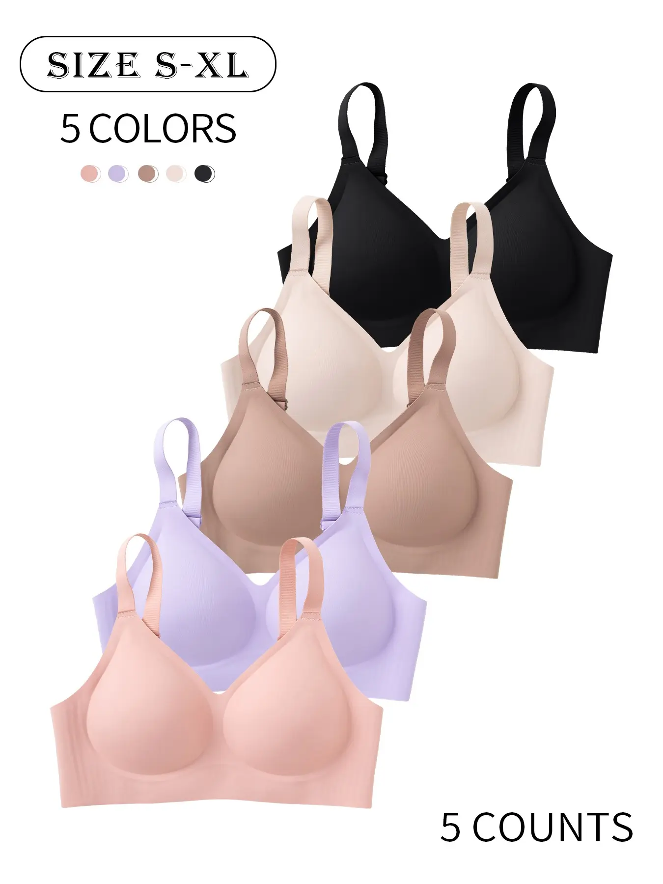 5 Pack solid color seamless jelly women's underwear XS-XL, daily casual and work wear, skin-friendly, padded bra with four-row three-hook closure, supportive, yoga sports back, Wirefree Bras, Elastic bra, everyday essential bra