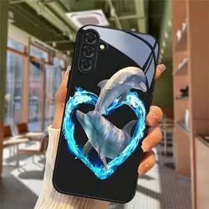 Creative Play Dolphin Print Phone Case, premium glass material, compatible with S25, S24, S23, S22, S21, S20, and A-series models, compatible with iPhone 17, 16, 15, 14, 13, 12, 11 Pro Max, perfect as a Christmas gift for women.