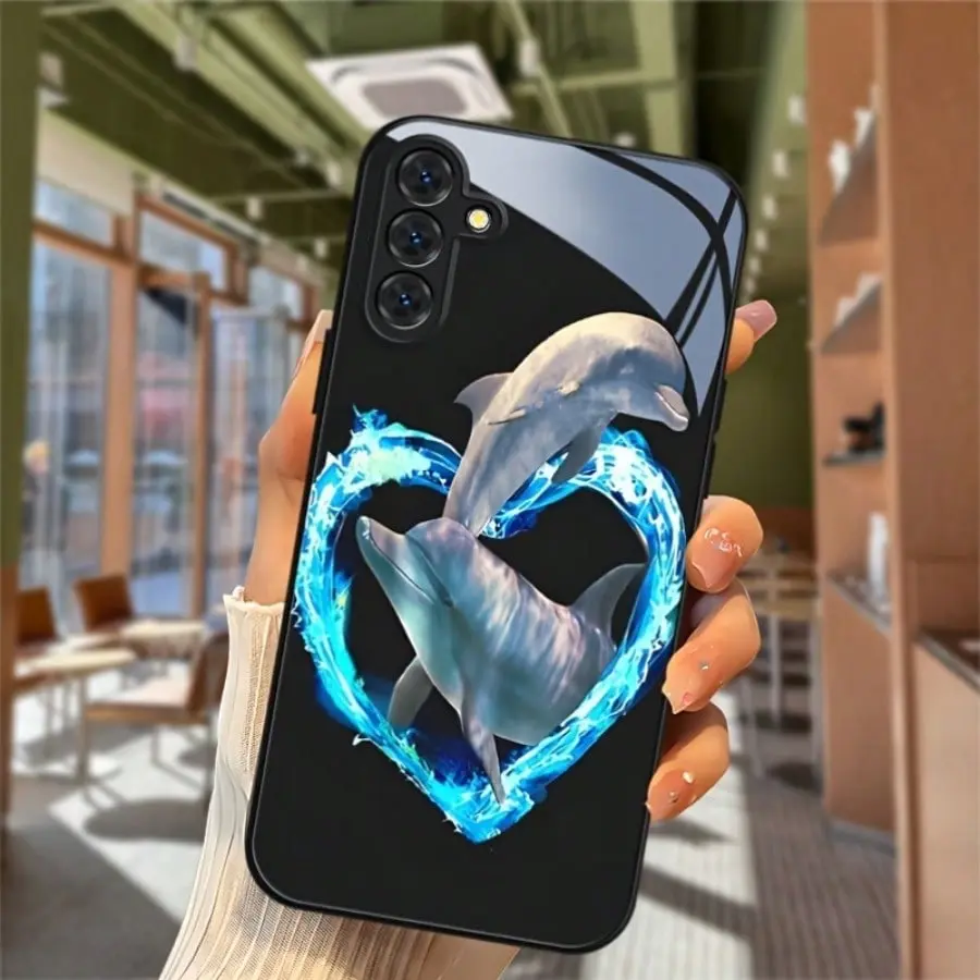 Creative Play Dolphin Print Premium Glass Phone Case Accessories - Compatible with Samsung S25-S21, S20, A-Series & iPhone 17-11 Pro Max - Ideal Christmas Gift for Women