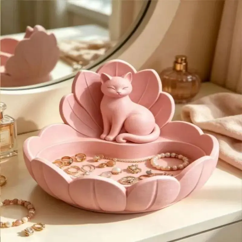 Resin Cat Lotus Jewelry Storage Tray Cute Kitten Figurine Trinket Dish Desktop Organizer for Rings Earrings Keys Home Decoration Boxes Daughter