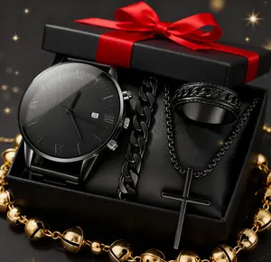 Christmas Gifts for Him 4Pcs Men's Simple Stainless Steel Jewelry Set Watch Bracelet Necklace Ring Premium Timepiece & Accessories for Casual Formal Wear