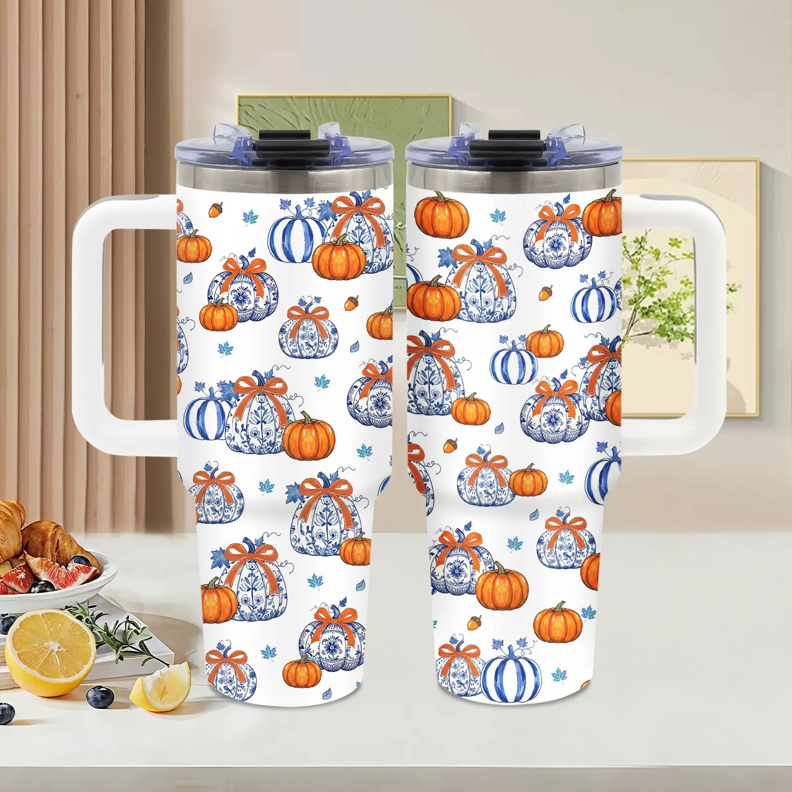 40oz (1,000-2,000 ml) Stainless Steel Leakproof Vacuum Insulated Flask - Portable Reusable Pumpkin Themed Travel Tumbler with Handle, Lid, Blue & Orange Floral Design, for Camping, Traveling, Adults, Mother's Day Pumpkin Lover Gift, Mug, Double Wall