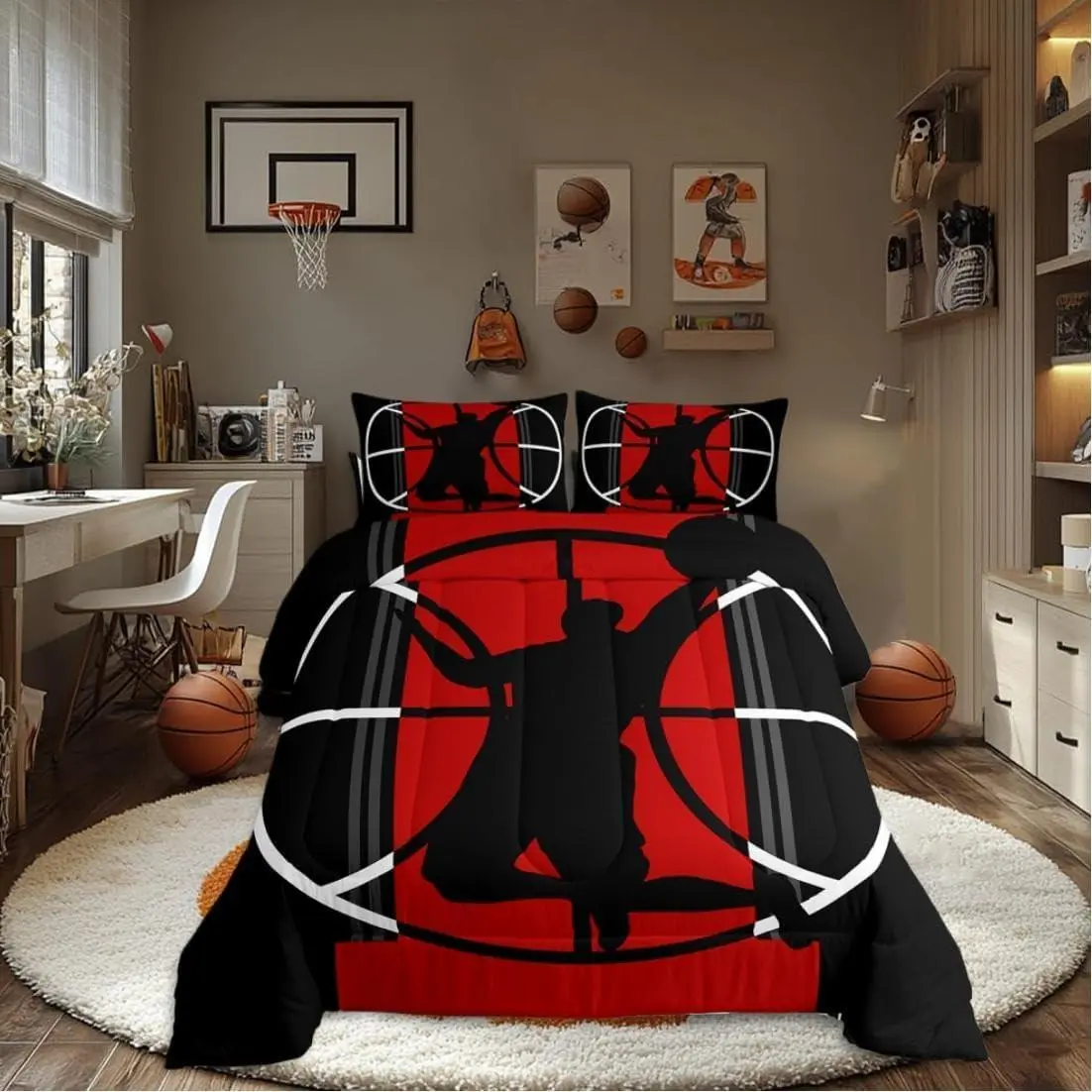 Feelyou Basketball Comforter & Blanket Bedding Set - Soft Lightweight Polyester Fiber Sports Bedding, Breathable Red and Black Multi-Size Home Decor, All-Season Travel-Ready Kids’ Bedroom Linens